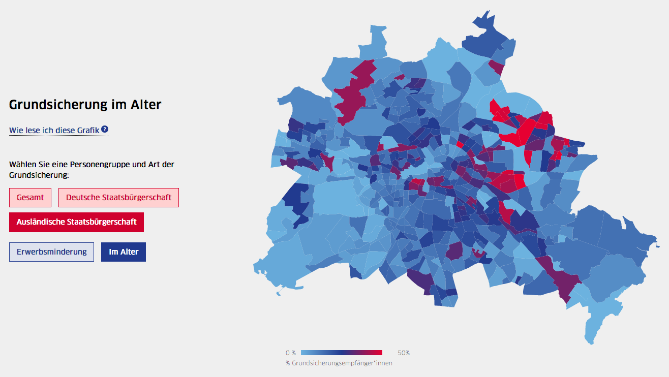 Eine Karte, die die geographische Aufteilung von Grundsicherungsempfänger*innen in Berlin zeigt